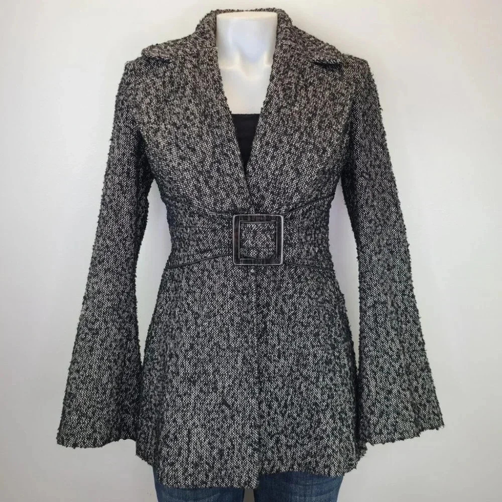 Jessica Simpson Black White Boucle Tweed Fit Flare Bell Sleeve Coat Y2K XS